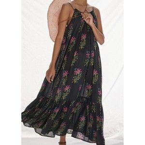 ANTHROPOLOGIE BLACK MOTIF FLOUNCED MAXI LOUNGE DRESS SZ LARGE